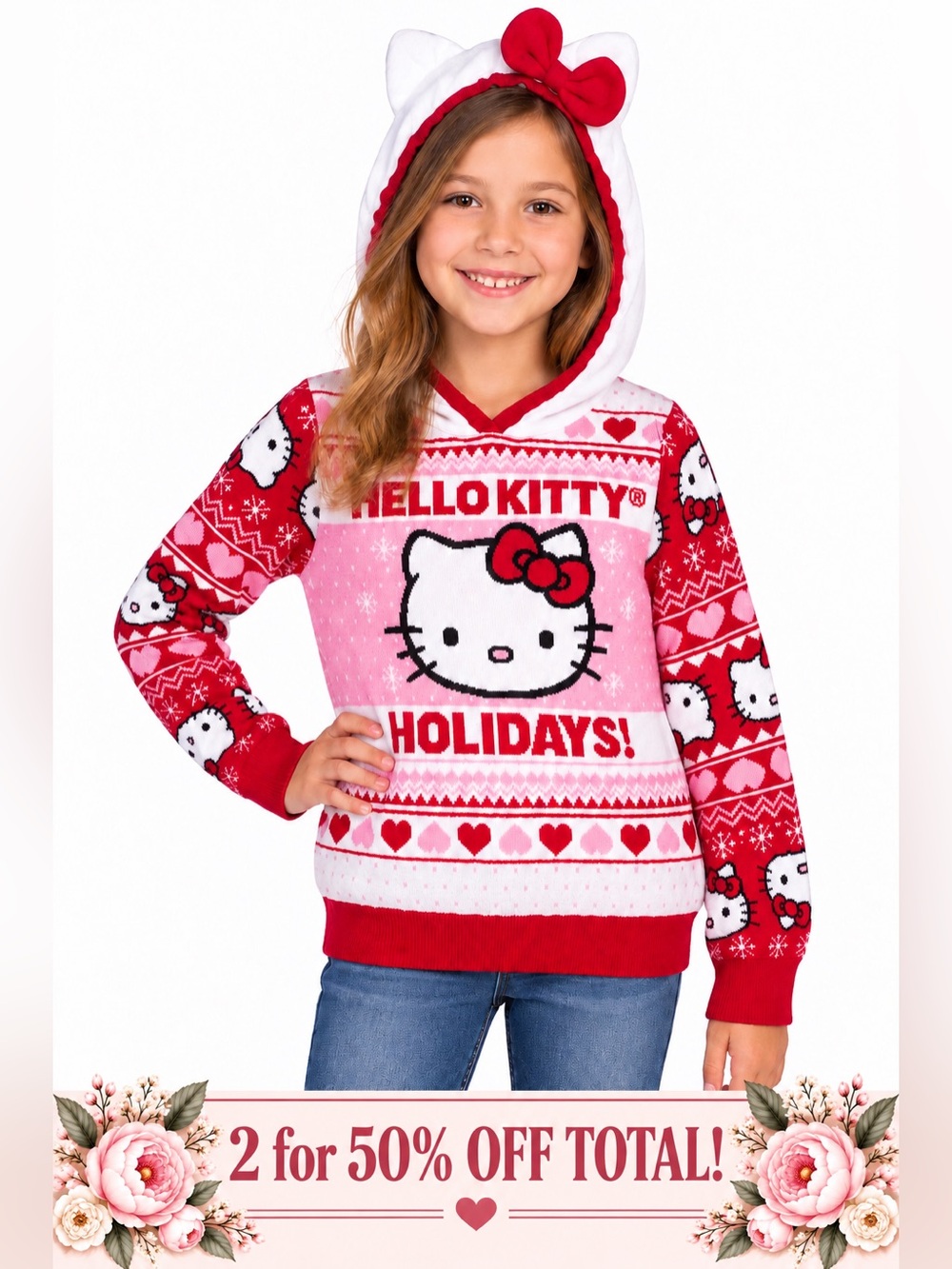 Hello Kitty Girls' Red & Pink Holiday Hoodie Sweater